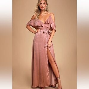 Lulu’s Rose Satin Cold-Shoulder Wrap Maxi Dress small